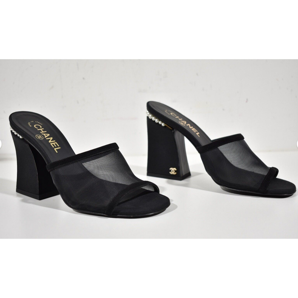 Chanel 22A Black Mesh Pearl CC Logo Block Heel Backless Mule Sandal Pump 41 - Picture 4 of 11